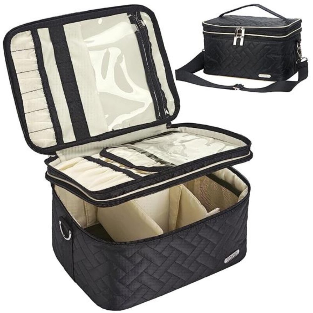 Double Layer Makeup Bag with Strap,Large CosmeticCase for Women,MakeUp Organizer